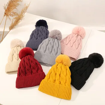Kadınlar için kış Şapka Bere Kadın Kap Moda Yeni Tasarım Ponpon Ayrılabilir Sıcak Kaput Kalın Pamuk Örme Şapka запкаченская
