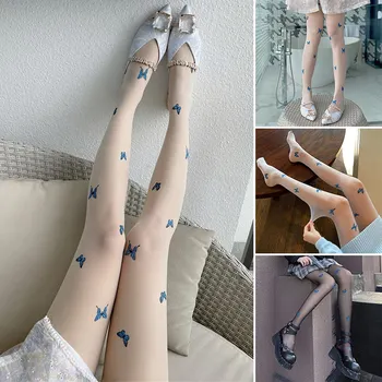 Kadınlar Seksi Mavi Kelebek Çorap Külotlu Moda Kelebek Baskılı Şeffaf Yüksek Bel Tayt Yeni Nazik Peri Rüzgar