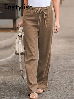 Kadınlar Vintage Pamuk ve Keten Geniş Lege Pantolon Rahat Katı Dantel Up Elastik Bel Pantolon Yaz Streetwear Harajuku Gevşek Pantolon