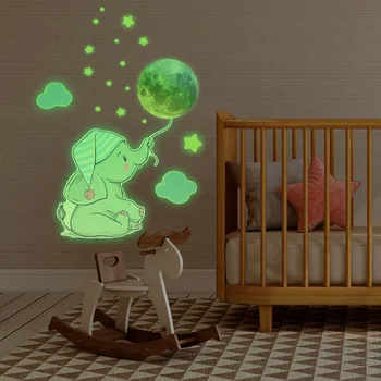 Karikatür Fil Ay Ayı Aydınlık Duvar Sticker Bebek Çocuk Odası Yatak Odası Ev Dekorasyon Karanlıkta Glow Çıkartmaları Malzemeleri