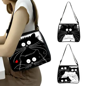 Karikatür Güzel Siyah Ve Beyaz Kedi Çanta Ayarlanabilir omuz çantaları Kadın Askısı Uzunluğu Koltukaltı Çanta Taşınabilir postacı çantası