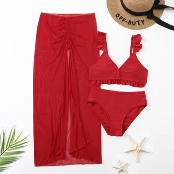 Katı Kırmızı 3 paket Kız Mayo Çocuklar fırfır etekli çocuk Mayo Uzun Örgü Kapak plaj elbisesi 7-14 Yıl Mayo 2022