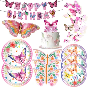 Kelebek Çiçek Karikatür Parti Tek Kullanımlık Sofra Dekor Kağıt Tabaklar Bardaklar Balonlar Doğum Günü Bebek Duş Düğün Parti Malzemeleri