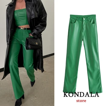 KONDALA Za 2021 Streetwear Şık Yeşil PU Yüksek Bel Kadın Pantolon Vintage Geniş Bacak Ofis Bayan Pantolon Kadın Zarif Mujer Pantolon