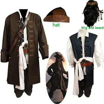 Korsanlar Jack Sparrow Cosplay Kostüm Yetişkin Erkekler İçin Cadılar Bayramı Kadın Cosplay Karnaval Kostümleri Tam Set Şapka Ve Peruk
