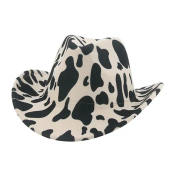 Kovboy şapkası Adam Şapka Batı Kovboy Cowgril Panama Geniş Ağız İnek Desen Caz Moda Rahat Fedoras Keçe Kadın Şapka Casquette