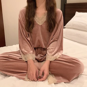 Kış kadın Pijama Seti 2 Adet Pantolon Uzun Kollu Bayan Gecelik Katı Altın Kadife Kore Tarzı Pijama Kadın