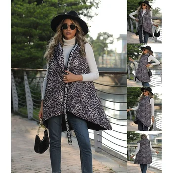 Lugentolo Kış Yelek Kadın Leopar Kolsuz Ceket Streetwear Kapşonlu Orta uzunlukta Yelek Sonbahar Pamuk dolgulu Ceketler