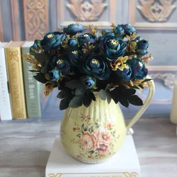 Mavi gül yapay çiçekler Sahte Şakayık Canlı Buket Şakayık 6 Kafa Yapay Bitkiler Gelin Ortanca Ev odası Dekorasyon için