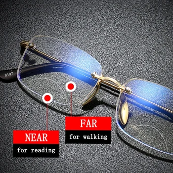 Moda çerçevesiz Bifokal okuma gözlüğü erkekler kadınlar yakın ve uzak Anti mavi ışık elmas kesim presbiyopik gözlük altın