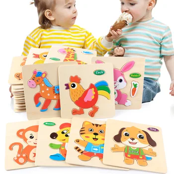 Montessori Ahşap 3D yapboz oyuncak Oyuncaklar Karikatür Hayvan Araç Ahşap Bulmacalar Zeka Çocuklar Bebek eğitici oyuncak Çocuk Hediye