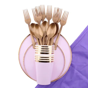 Mor Parti Tek Kullanımlık çatal bıçak kaşık tabaklar Kağıt Havlu Doğum Günü Dekorasyon Çocuklar Sofra Dekorasyon Düğün Bebek Duş