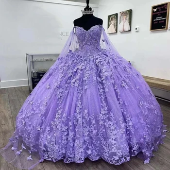 Mor Resmi Kelebek Balo Quinceanera Elbiseler Tatlı Kız Pullu Boncuk Aplikler Parti Etek Vestidos De 15 Años