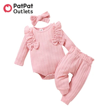 PatPat 3 adet Yenidoğan Bebek Kız Giysileri Tulumlar Yeni Doğan Bebekler Öğeleri Kostüm Pembe Dokulu fırfır etekli Yay Romper ve pantolon seti