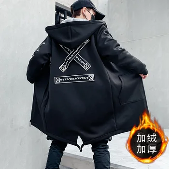 Polar Kış Ceket Erkekler Baskılı Japon Kapşonlu Uzun Trençkot Siyah Hip Hop Streetwear Kalın Ceket Erkek Rüzgarlık Ceket