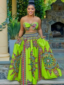 Polyester Yaz Afrika Giysileri Kadınlar İçin İki Parçalı Set Dashiki Moda Setleri Uzun Etek Takım Elbise Kıyafetler Parti Vetement Femme