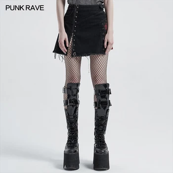 PUNK RAVE kadın Punk Tarzı Kaba A-Line Kısa Etek Günlük Giyim Klasik Ekose Ekleme Yüksek Bel Mini Etek Perçin Dekorasyon