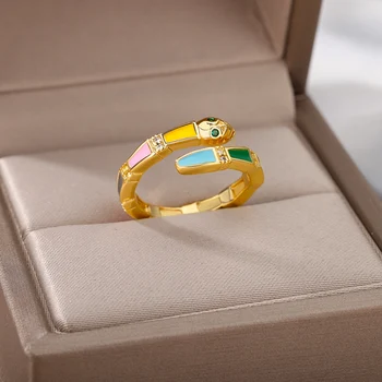 Renkli Emaye Yılan Yüzükler Kadınlar için Açık Ayarlanabilir Paslanmaz Çelik Çift Yüzük Renkli Düğün Estetik Takı anillos