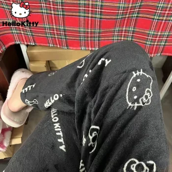Sanrio Hello Kitty Pijama Pantolon Y2k Kawaii Karikatür Pazen Ev Pantolon Kadın Sonbahar Kış Mercan Kadife Peluş Sıcak Rahat pantolon