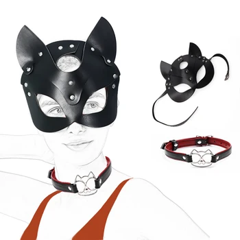 Seksi Deri Kedi baş maskesi boyunluk, Fetiş Yarım Yüz Tilki Maskesi Cadılar Bayramı Cosplay Parti Maskesi BDSM Kölelik Erotik Seks Oyuncakları