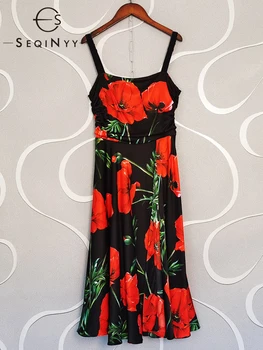 SEQINYY 100 % Ipek Elbise Yaz Bahar Yeni Moda Tasarım Kadın Pist Yüksek Kalite Vintage Kırmızı Çiçekler Baskı A-Line Midi Sicilya