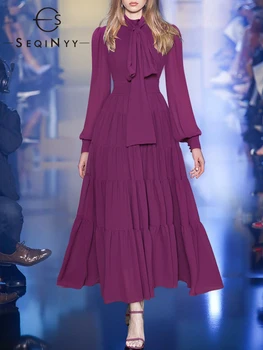 SEQINYY Zarif Parti Elbise Yaz Bahar Yeni Moda Tasarım Kadın Pist Yüksek Sokak Plise Yay Midi A-Line Ince Fener Kollu