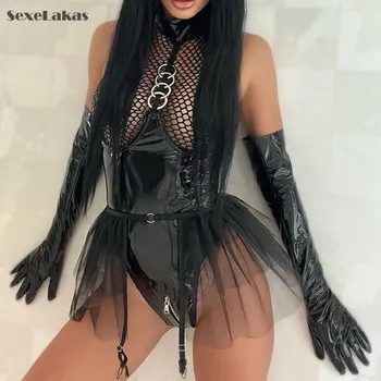 SexeLakas Seksi Kadın Fishnet İç Çamaşırı Dantel İç Çamaşırı Erotik Kostümleri PU Deri Bodysuit Gotik Lenceria Vücut Porno Samimi