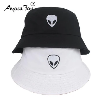 Siyah Beyaz Katı Alien Kova Şapka Unisex Kapaklar Hip Hop Gorros Erkekler Kadınlar Yaz Panama Kap Plaj Güneş Balıkçılık Şapka Pamuk Güneş Şapka