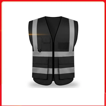 Siyah Güvenlik Yelek Yansıtıcı Cep Ve Fermuarlı İnşaat Yelek Yansıtıcı Çizgili Yüksek Görünürlük İş Kıyafetleri