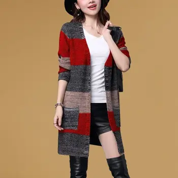 Sonbahar Kış Uzun Örme Hırka Moda Bağbozumu Zıt Renkler Patchwork Chic Parlak Ipek Kadın Cepler Kazak Ceket