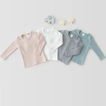 Sonbahar Pamuk Bebek Dip Üstleri Bebek Kız Uzun Kollu T Shirt Katı Çocuk Erkek Gömlek Çocuk Tee Kafa Bandı İle