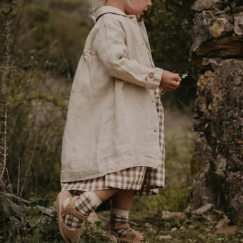Sonbahar Yeni Kızların İskandinav Tarzı Pamuk Ve Keten Yaka Ceket çocuk Basit Edebi Orta Ve Uzun Uzun kollu Rüzgarlık