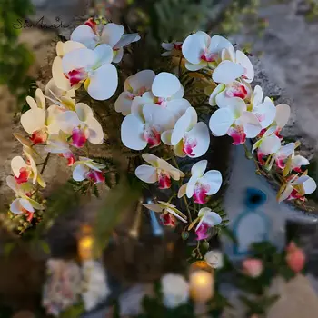 SunMade 9 Kafaları Büyük Beyaz Orkide Şube Yapay Çiçekler Ev Dekor Düğün Dekorasyon Flores Ipek Sahte Çiçek