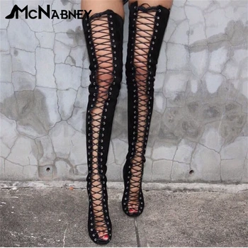 Süet Lace Up Peep Toe Ayakkabı Bayan Botları Yüksek Topuklu Diz Çizmeler Üzerinde Moda Sıcak Satış kadın ayakkabısı Sokak Tarzı Siyah Çizmeler