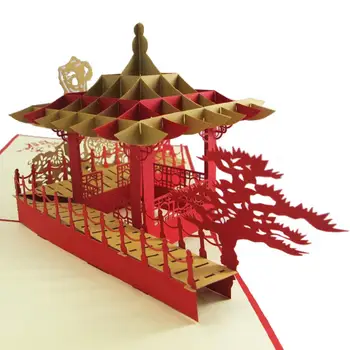 Sıcak satış!！！Yeni Varış Retro 3D Çin Suzhou Bahçe Pavilion Desen Pop Up Tebrik Kartı Davetiye Toptan Dropshipping