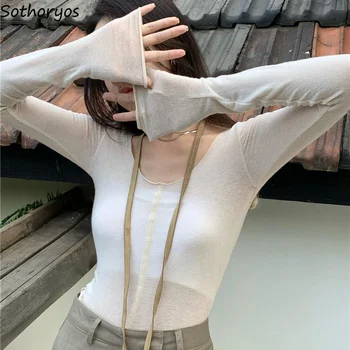 T-shirt Kadın Katı Sıska Uzun Kollu Üstleri Seksi Şık Kore Tarzı Bahar Tatlı Eğlence Tüm Maç İnce Tees Streetwear