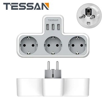 TESSAN 6 in 1 AB Duvar Soketi 3 Çıkışlı 3 USB Bağlantı Noktası, 100-230V Şarj Güç Adaptörü Aşırı Yük Koruması ile Ev Ofis için