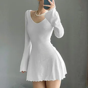 Vintage Örme Kazak Elbiseler İnce Uzun Kollu A-line Kore Kazak Zarif Sonbahar Kış V Boyun Kadın Mini Tunik Elbise