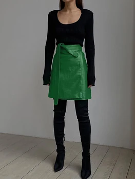 Wannthis Faux Deri Timsah Desen A-Line Etek Y2K Kadın Moda Zarif Katı Yeşil Yüksek Bel Bölünmüş Mini Etekler Yaz