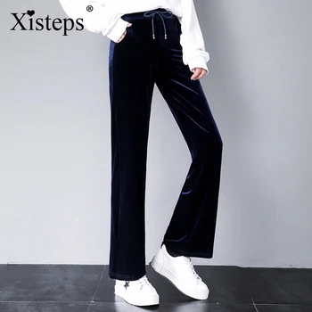 Xisteps 2020 Yeni Sonbahar Kış Pleuche Kadınlar Geniş Bacak Gevşek pantolon Kadın Düz Yüksek Bel Safir Pantolon Artı Boyutu 6xl