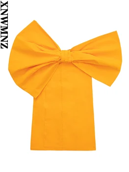 XNWMNZ 2022 Kadın Moda Yay Asimetrik Mini Elbise Vintage Açık Omuz Kolsuz Kadın Elbiseler