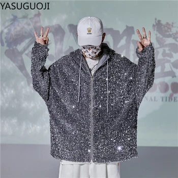 YASUGUOJI Yeni 2022 Moda erkek Payetli Ceketler Bling Glitter Bombacı Ceket Kaban Hip Hop Üstleri Şarkıcı Gece Kulübü Giyim Adam