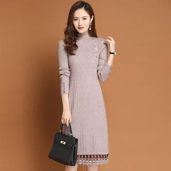 Yeni Moda 2022 Sonbahar Kış Kadın Uzun Kazak Elbise Kazaklar Sıcak Örme Kazak Kazak Dantel Elbiseler Bayan