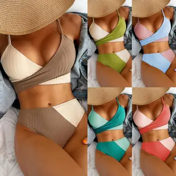 Yeni Seksi Şerit Çapraz bikini seti Yüksek Waiste Tanga Push Up Kadın Mayolar 2022 Yaz Moda Mayo Plaj Kıyafeti mayo