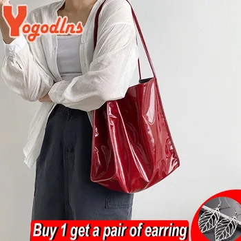 Yogodlns Lüks Patent Deri Tote Çanta Kadın Büyük Kapasiteli omuzdan askili çanta Gelişmiş Bayan Üst kolu Çanta alışveriş çantası Undearm Çantası
