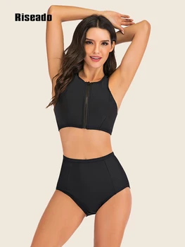 Yüksek Bel Bikini Siyah Mayo Kadın İki parçalı Mayolar Spor Rashguard Sörf Takım Elbise mayo Kadınlar için (UPF 50+)