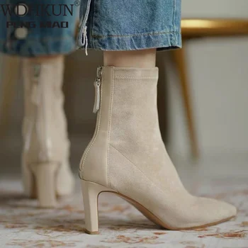 Yüksek Topuk Çizmeler kadın 2022 Yeni Kore Tarzı Sonbahar ve Kış Orta Topuk Streç İnce Çizmeler Sivri Burun Çorap Çizmeler Kadın