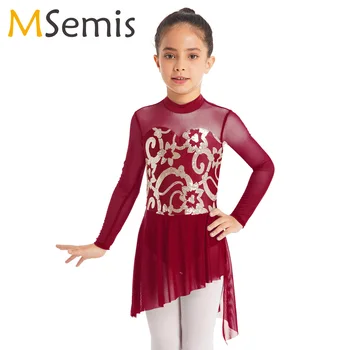 Çocuk Kız Çiçek Sequins Lirik Dans Elbise Uzun Kollu Bale Jimnastik Leotard Şekil Buz Pateni Yarışması Kostüm