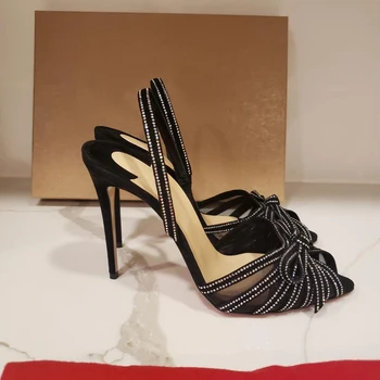 Ücretsiz kargo moda kadın pompaları seksi bayan Siyah süet kristal strappy yüksek topuklu striptizci stiletto topuklu ayakkabı 12cm 10cm